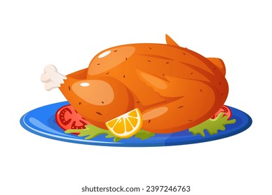 Roasted Turkey with Salad , tomatoes and Lemon Slice on Dish Vector Illustration