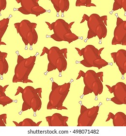Roasted turkey seamless pattern. fowl in different poses ornament. Baked chicken texture. Background for Thanksgiving Day