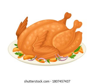 Roasted Turkey Served on Plate with Sliced Vegetables and Herbs as Thanksgiving Day Dish Vector Illustration