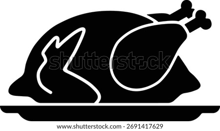 Roasted turkey silhouette presented on a platter, a traditional meal for celebrations gatherings. Graphic icon on a transparent checkered backdrop.