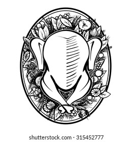 Roasted turkey top view. Turkey on plate with vegetables and fruits isolated vector illustration. Black on white hand drawing vector