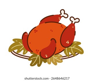 Roasted turkey vector icon. Fat poultry with lettuce on a plate. Tasty hot duck, chicken baked on the grill. Dish for Thanksgiving, family dinner. Traditional cooked bird for the holiday. Flat clipart