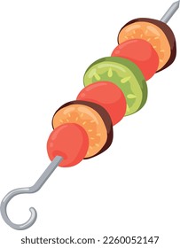 Roasted vegetable slices on metal stick. Grilled barbecue food isolated on white background