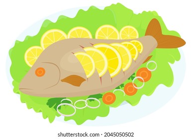 Pescado de carpa entera asado relleno de verduras y rebanadas de limones en hojas de ensalada verde. Ilustración de dibujos animados.