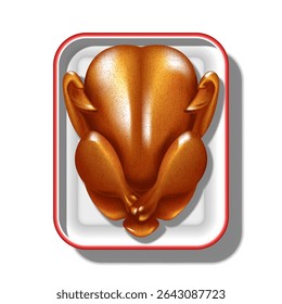 Roasted whole chicken with crispy brown skin served on white tray with red rim top view isolated on white background, realistic 3d vector illustration for cookbook, thanksgiving, food packaging.