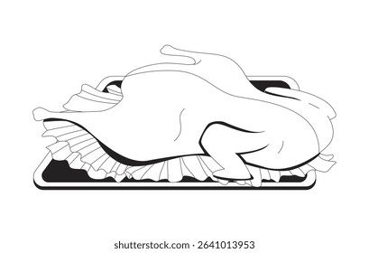 Roasted whole chicken on lettuce garnish atop serving tray 2D line object. Thanksgiving food. Dinner centerpiece. Cooked poultry isolated clipart vector ink outline item. Monochrome spot illustration