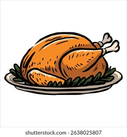 Roasted whole chicken on a plate, digital illustration. Perfect for culinary content, recipe books, and cooking themes.