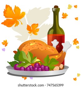 Roasted whole chicken or turkey sauced and grilled autumn vegetables, wine isolated on white background with yellow, orange leaves. Thanksgiving Day food concept