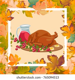 Roasted whole chicken or turkey sauced and grilled autumn vegetables, wine isolated on background with yellow, orange leaves. Thanksgiving Day food concept