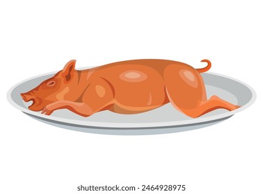 Roasted whole suckling pig on a plate. Grilled pork. Vector illustration isolated on a white background