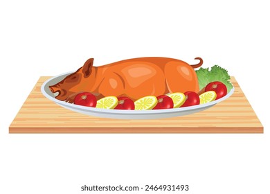 Roasted whole suckling pig with vegetables on a plate. Grilled pork on a wooden tray. Vector illustration isolated on a white background