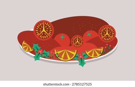 Roasted whole turkey with vegetables on white plate vector illustration for festive meals