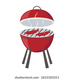 Roaster for cooking meat, sausages, fish, steaks and vegetables. Barbecue grill for outdoor cooking. BBQ equipment. Portable equipment for grilling on picnic. Clip art, vector illustration