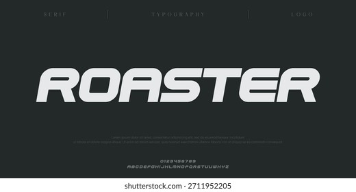 Fontes do alfabeto tipográfico da Roaster Technology com estilo arrojado. Ilustração vetorial e fonte técnica. Abstrato mínimo moderno esporte, simples, moda, digital, futuro criativo alfabeto fonte.
