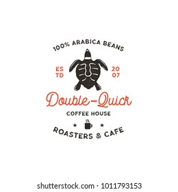 Roasters and cafe logo template with turtle, cup silhouette symbol. Wild animal icon. Coffee bar logotype, vintage hand drawn badge, label. Typography insignia. Stock vector isolated