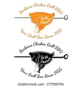 Roasting chicken carcass on split with text grill chicken. Bbq bar restaurant label or banner two variant color and black isolated on white