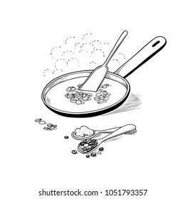 Roasting coffee beans in pan to prepare hot flavored drink. Vector sketch iIllustration black and white of ingraving style. Process making traditional coffee.