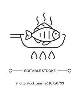 Roasting fish line icon. Cooking seafood on frying pan. Healthy homemade dinner preparation. Food ingredient. Isolated vector illustration. Outline symbol. Simple linear drawing. Editable stroke