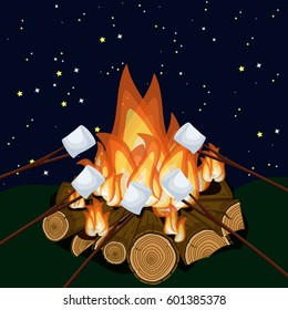 Roasting marshmallow on campfire at night. Cartoon vector illustration in flat style.