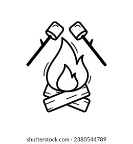 Roasting marshmallows on branches over a campfire. vector illustration