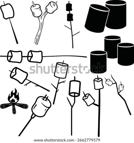 Roasting Marshmallows Over Campfire Stick Vector Set