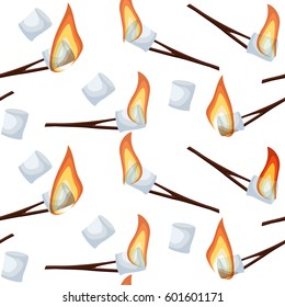 Roasting marshmallows seamless pattern isolated on white background. Cartoon vector illustration in flat style. 