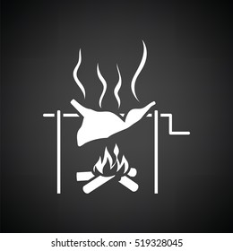 Roasting meat on fire icon. Black background with white. Vector illustration.