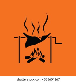 Roasting meat on fire icon. Orange background with black. Vector illustration.