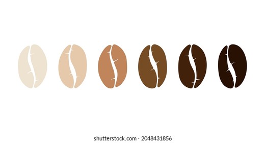 Roasting various stages coffee bean set. Light, medium, dark grain roast. Flat vector eps illustration isolated on white background
