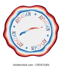Roatan badge. Map of the island with beautiful geometric waves and vibrant red and blue frame. Vivid round Roatan logo. Vector illustration.