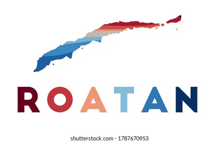 Roatan map. Map of the island with beautiful geometric waves in red blue colors. Vivid Roatan shape. Vector illustration.