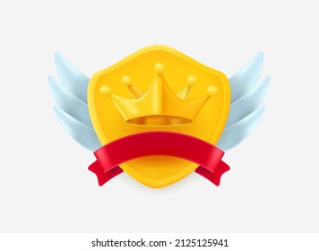 Roayl rating label with golden crown on a shield with wings and ribbon isolated on white background. 3d vector icon 