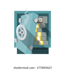 Robo Hackeó la caja fuerte humeante con puertas rotas y paquetes de dinero. Billete en una caja fuerte. Ilustración de robo en estilo plano aislada en fondo blanco.