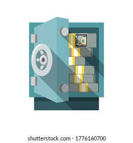 Robbed Hacked Smoky Safe with Torn Door and Money Bundles. Piles Banknote in a Blasted Safe. Robbery Illustration in Flat Style Isolated on White Background.