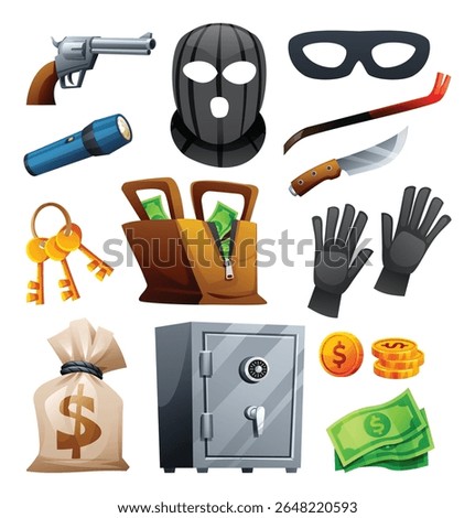 Robber accessories and items set with bag of money, gun, mask, crowbar, knife, flashlight, safe, and gold coins. Vector cartoon illustration