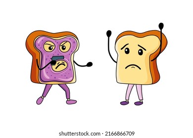 The robber aims with a gun at a scared person. Cute funny toast characters. Robbery on the street, crime. Vector illustration, flat design, cartoon style, isolated background.