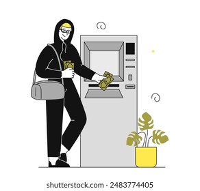 Robber with atm. Man in black hoodie and mask near bank terminal. Fraudster steals money from bank. Financial crime, data hack. Linear flat vector illustration isolated on white background