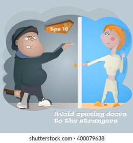 Robber with axe and woman. Basic safety concept vector poster.