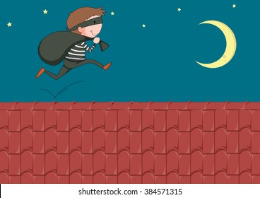 Robber with bag running on the roof illustration