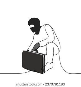 robber in a balaclava sat down on his knee on the floor without letting go of the black case - one line art vector. concept man hiding with a case with money