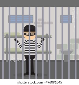 Robber behind the bars. Prisoner sitting in the jail. Funny cartoon character in striped outfit and black mask.