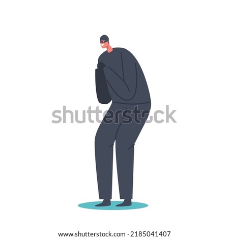 Robber in Black Costume, Hat and Mask Character Rub Hands Look Forward To Gain Isolated on White Background. Bandit Waiting for Victim to Steal Money or Kill. Cartoon People Vector Illustration