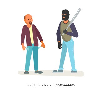 A robber in black mask with a baseball bat is threatening to a man on the street. Frightened character turns his pockets out and shows a lack of money. Crime concept. Flat Art Vector illustration