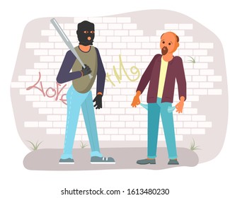 A robber in black mask with a baseball bat is threatening to a man on the street. Frightened character turns his pockets out and shows a lack of money. Crime concept. Flat Art Vector Illustration
