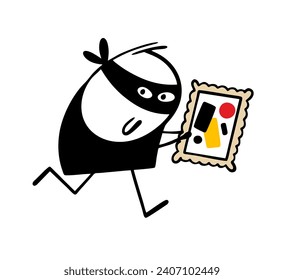 Robber in black mask runs away, stole a painting from museum. Vector illustration of stickman and  masterpiece of world painting in the style of suprematism. Isolated character on white background.