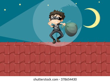 Robber breaking in the house at night illustration