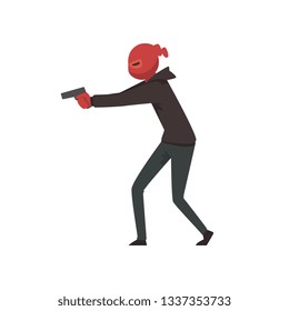 Robber or Burglar Dressed in Black Clothes and Mask Standing with Gun Vector Illustration