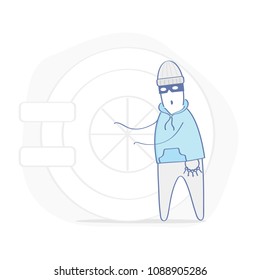 The robber, burglar, hacker, bandit in the mask and with keys tries to open a bank vault, robbery, financial crime concept. Cute flat outline criminal and secure cartoon character icon.