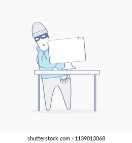 The robber, burglar, hacker, bandit in the mask near computer. Computer hacking, cyber crime, phishing, fraud illustration concept. Cute flat outline criminal and secure cartoon character icon.