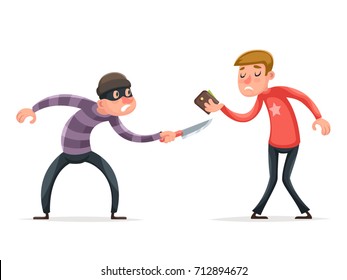 Robber Burglar Thief Robbery Steal Purse from Scared Helpless Guy Character Isolated Icon Cartoon Design Template Vector Illustration